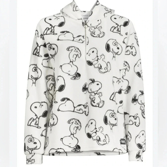 Peanuts‎ Snoopy Fleece 1/4 Zip Hoodie Junior Allover Print Sweatshirt Medium EUC - Picture 1 of 12